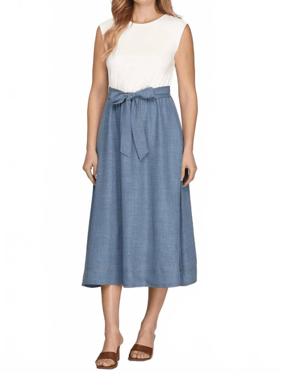 NEW SHE + SKY sleeveless midi dress in off white/blue